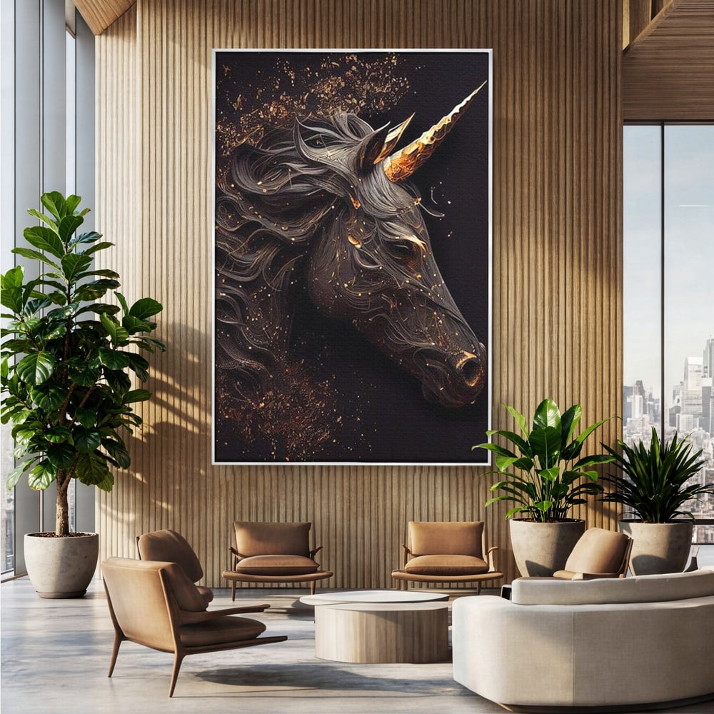 Tablou canvas cu portret de unicorn negru cu detalii aurii, in rama de aluminiu argintiu, pe perete intr-un birou